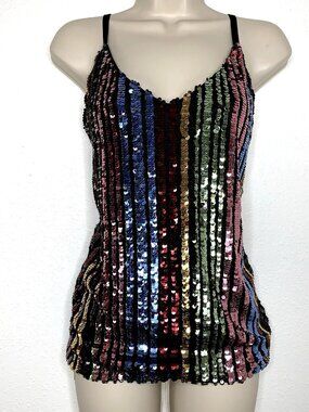 INC Rainbow Stripe SEQUIN Cami TANK TOP Large Black Velvet Whimygoth Mermaidcore